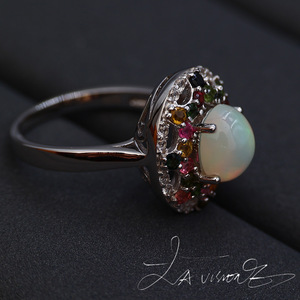 Anillo de la Serie Counterattack con Incrustaciones de Jade, Ópalo, Turmalina Natural y Zafiro Blanco Sintético, Joyería Vintage - Product Image 4