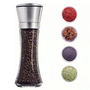 Molinillo de especias de cocina redondo, transparente, 200ml, molinillo de pimienta de vidrio con tapa de acero inoxidable cepillado y cuchillas de cerámica, venta al por mayor - Product Image 1