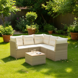 Ensemble de canapés de jardin en rotin beige 6 places, mobilier d'extérieur résistant aux intempéries, design contemporain, plateau en teck - Product Image 2