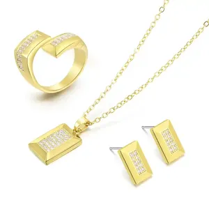 Factory Luxury Brass Rectangle Cubic Zircon Necklaces Earrings Set Gold Geometric Women's Drop