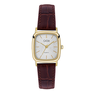 Reloj de Cuarzo con Esfera Cuadrada con Brillo Color Champán, Tono Dorado y Correa de Cuero Negra - Product Image 3