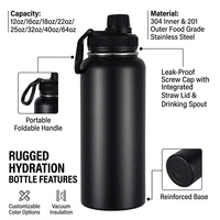 Fabricant de bouteilles d'eau personnalisées, emballage de bouteilles d'eau, bouteille d'eau en acier inoxydable de 64 oz pour bouteille de sport noire