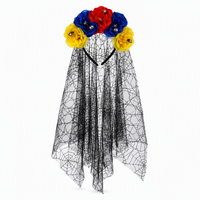 Serre-tête voile en filet pour le Jour des Morts mexicain avec crâne gothique et couronne de roses artificielles