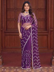 Sari en filet de créateur, broderie à la main de sequins et perles, couleurs vives, luxe, ethnique indien, pour mariage et soirée - Product Image 4