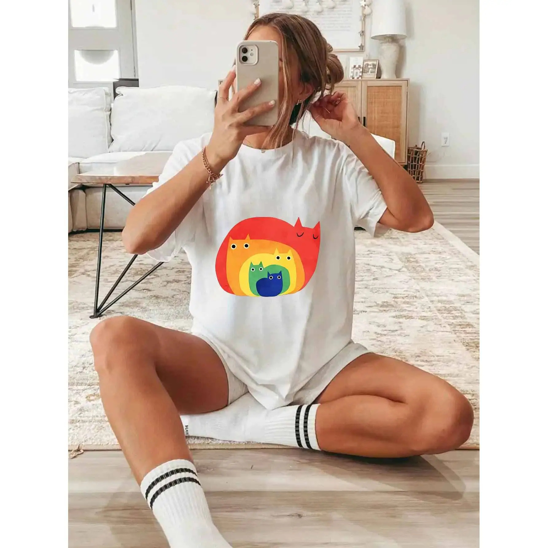 Plus-Size Women's Casual O-Neck Short Sleeve Knitted Spandex/Cotton Jersey T-Shirt Rainbow Cat Print Breathable Quick Dry for