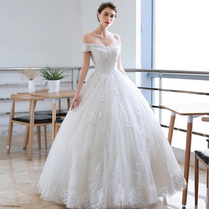 French-style Off-Shoulder Ball Gown Wedding Dress Sweetheart Neckline Empire Waist Vintage Lace Train Bride Dress - Product Image 1