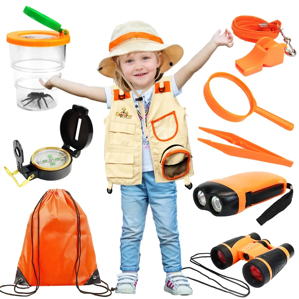 Kinderen Outdoor Ontdekkingsreiziger Set Met Magere Kompas Fluit Verrekijker Zaklamp Pincet Vest En Hoed In Draagtas