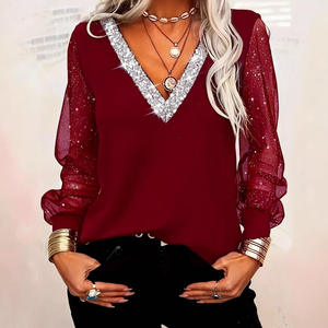 T-<span class=keywords><strong>shirt</strong></span> élégant et doux à manches longues en maille à col en V avec paillettes, mode féminine européenne et américaine, printemps-été - Product Image 4