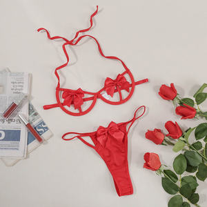 Set Bra dan Celana Dalam Wanita Model Dasi Kupu-kupu, Pakaian Dalam Renda Bikini Tiga Potong, Dekorasi Berongga, Mainan Seks, Penyangga Payudara, Lingerie Seksi - Product Image 6