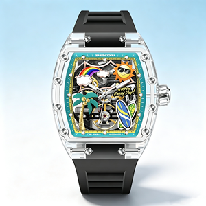 Montre mécanique automatique pour homme avec verre optique tonneau, cadran squelette ajouré motif dessin animé, bracelet en silicone, étanche, montre-bracelet tendance - Product Image 1