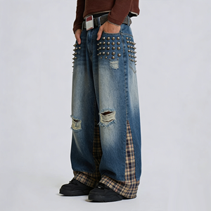 Pantalones <span class=keywords><strong>Vaqueros</strong></span> de Algodón Rotos <span class=keywords><strong>para</strong></span> <span class=keywords><strong>Hombre</strong></span> al por Mayor <span class=keywords><strong>con</strong></span> Remaches y Paneles a Cuadros, Pierna Ancha, Estilo Urbano Y2K, Suministro Directo de Fábrica - Product Image 1