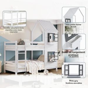 Cama alta de madera maciza personalizada para niños, tipo casa, con estructura de madera, tamaño Queen, 90x200cm, con techo, para habitación infantil de hostal. - Product Image 6