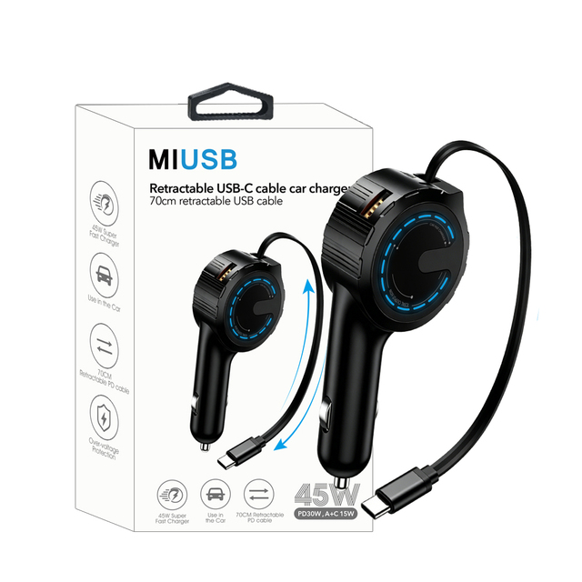 USB C 30W Car Charger with Retractable Type C Cable 45W Fast Car Charger Adapter