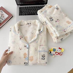 Conjunto de Ropa de Dormir de Franela de Coral con Dibujos Animados, Grueso y Afelpado para Invierno, Camisón de Manga Larga y Pantalones para Mujer - Product Image 5