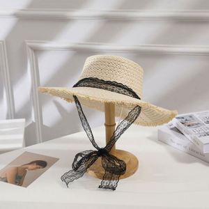 Summer Seaside Vacation Wide-brimmed Burlap Flutter Tie Woven Straw Sun <b>Hat</b> <b>Flat</b> Top Sun Beach Girls Straw <b>Hats</b> for Women - Product Image 4