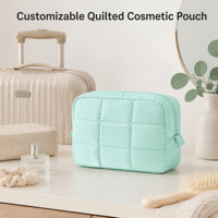 Pochette de maquillage en coton matelassé vert menthe, pochette cosmétique douce, trousse de toilette de voyage avec fermeture éclair, étui de rangement portable pour femmes