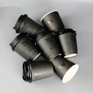 Custom Printed Logo Disposable 8oz 12oz 16oz Double Wall Black Paper Coffee Cups With Lid