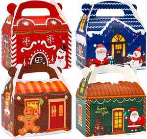 28pcs <b>Christmas</b> Cupcake Treat <b>Boxes</b> Gable Cookie Box Xmas Cardboard Box with Handle for Gift Candy 6.6 X 5.9 X 3.5 Inch 4 Style - Product Image 2