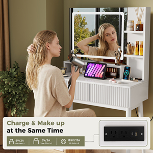 Bureau de toilette moderne en bois avec miroir LED éclairé, tiroirs de rangement et station de charge pour chambre, salle de bain et hôtel - Product Image 2