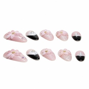 Faux ongles à presser en forme d'amande, motif fleur rose, couvrance totale, avec paillettes et strass, pré-conçus pour les doigts - Product Image 3