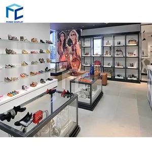जूते की दुकान डिजाइन के साथ आधुनिक लकड़ी प्रदर्शन कैबिनेट और जूता प्रदर्शन खड़े हो जाओ