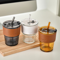 Mug à café en verre transparent isotherme personnalisé et créatif avec étui en cuir portable et couvercle avec paille