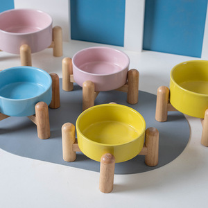 Bols en céramique pour chat et chien sur support en bois surélevé, distributeur d'eau et de nourriture, design moderne, forme arrondie, ensemble d'alimentation pour animaux de compagnie - Product Image 2