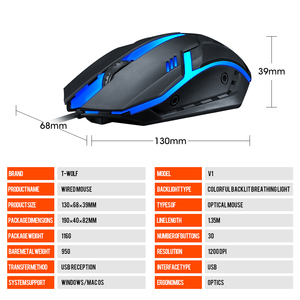Souris de jeu filaire T-WOLF <span class=keywords><strong>V1</strong></span>, souris USB ergonomique avec LED RGB, souris optique 3D 1000 dpi, souris de jeu filaire bon marché pour ordinateur portable PC - Product Image 4