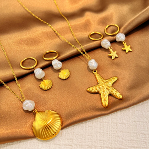 18K Gold Plated 304 Stainless Steel Starfish Shell Beaded <b>Necklace</b> for Women Fashion Jewelry Perfect for Daily Wear Summer Style - Product Image 1