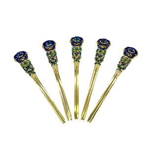 Antique Style Hairpins Gold And Peacock Blue Metal Hair Forks <b>Wedding</b> Headdress <b>Accessories</b> Baking Paint Charm Embellishment - Product Image 3