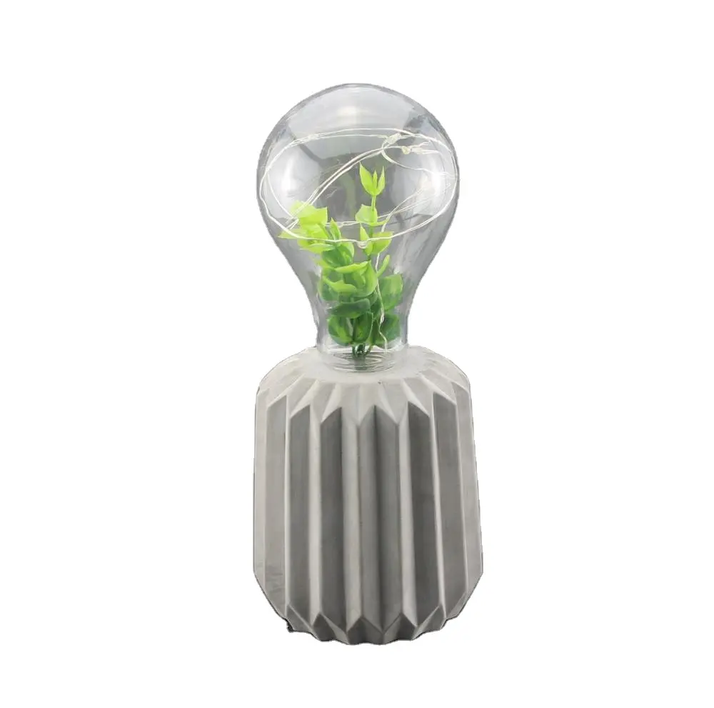 Ampoule led en plastique à rayures verticales encastrées, lampe pour table en ciment naturel, pot de plantes artificielles