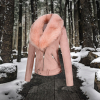 Chaqueta Corta de Gamuza Genuina para Mujer, Otoño/Invierno, con Capucha, Color Sólido, Manga Larga, Diseño a Cuadros