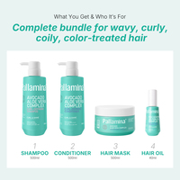 Ensemble complet Pallamina pour cheveux bouclés avec shampoing définissant les boucles, après-shampoing, masque hydratant et huile fortifiante pour boucles abîmées