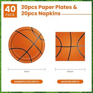طقم أدوات مائدة للحفلات بتصميم كرة السلة مكون من 40 قطعة، يشمل أطباق ورقية 9 بوصة خالية من مادة BPA مع طباعة بأربعة ألوان، ومناديل، لتزيين الطاولة - Product Image 2