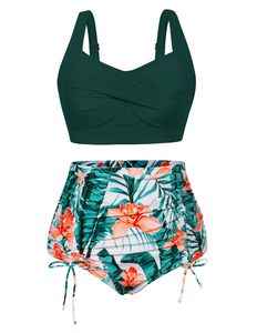 Conjunto de bikini halter para mujer, traje de baño fruncido de cintura alta con estampado floral, traje de baño push-up de 2 piezas para playa - Product Image 1