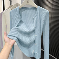 Ensemble cardigan côtelé pour femme, pull court à manches longues boutonné sur le devant avec débardeur sans manches, coupe ajustée, 2 pièces
