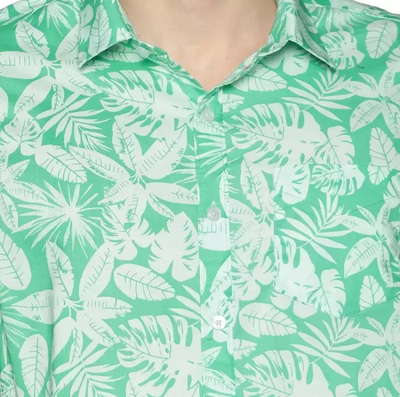Custom Mens Resort Summer Casual Print Shirt Green Cotton Floral Leafy Short Sleeve Printed Shirt