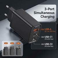 Pengisi Daya Cepat USB C GaN 65W 3-Port 2C1A PD Adaptor Dinding Pengalokasi Daya Cerdas Blok Pengisian Daya Perjalanan untuk iPhone Samsung Laptop