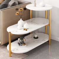 Table d'appoint ovale moderne de luxe personnalisée, petite table basse 3 niveaux or et blanc, structure en acier inoxydable, pour extérieur/atelier