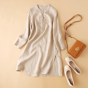 Nuovi <span class=keywords><strong>vestiti</strong></span> primaverili da donna abiti Casual in cotone canapa biologico a maniche lunghe - Product Image 1
