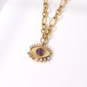 Collana Personalizzata in Acciaio Inossidabile Placcato Oro 18k con Zirconi, Catena Spessa e Occhio Turco Portafortuna con Ametista Naturale - Product Image 3