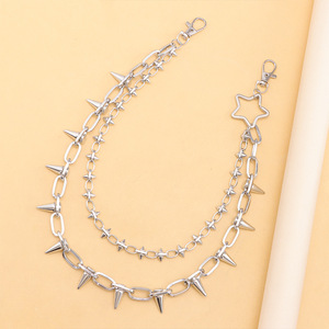 Chaîne de pantalon en métal à double tête avec étoiles cloutées, en alliage de zinc, style décontracté Hip Hop, chaîne de taille, étoile à cinq branches cloutée blanche K - Product Image 3