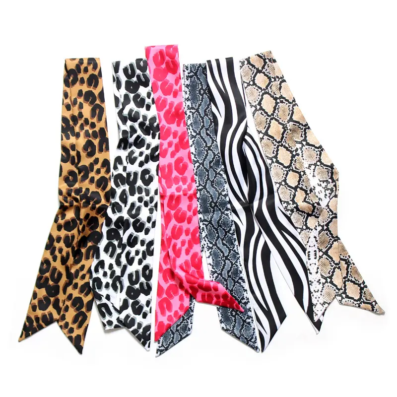Leopard print snakeskin spotted double layer print twill tie bag handle imitated silk scarf slender narrow ribbon lady scarf