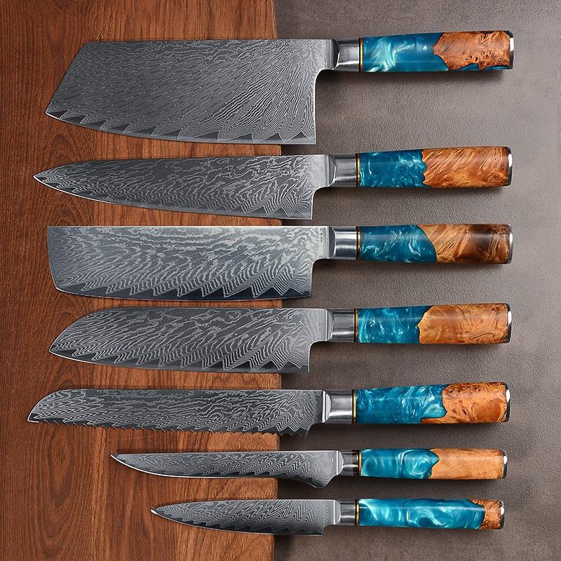 Coffret Rivage — 7 couteaux Damas, bois et résine bleue