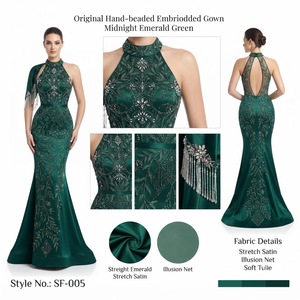 Midnight <b>Emerald</b> Green Hand Beaded Embroidered Halter Neck Mermaid Long Gown Elegant Evening Party <b>Dress</b> - Product Image 2