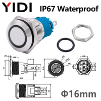 16mm IP67 방수 금속 푸시 버튼 스위치 플랫 하이 볼 헤드 링 LED 푸시 버튼 스위치 1NO1NC 순간 래칭 3A 250VAC