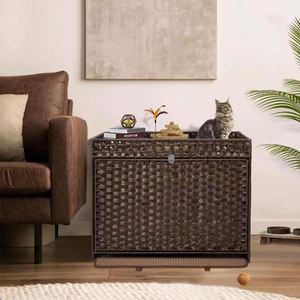 Armoire pour litière de chat en rotin PE tissé à la main, multifonctionnelle, avec espace de toilette caché et privé pour chats - Product Image 3