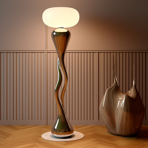 Lámpara de pie Mid Century Organic Twist Sculpture con acabado en madera pulida, luz de pie con pantalla ovalada esmerilada, lámpara decorativa para el hogar - Product Image 1