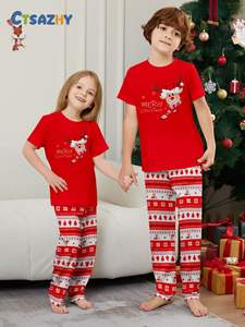Nouvel an transfrontalier fauve imprimé <span class=keywords><strong>pyjama</strong></span> à manches courtes ensemble rouge noël pour Parents enfants bébé garçons filles vêtements léopard ODM - Product Image 4