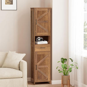 Armoire de rangement haute noire pour salle de bain avec portes coulissantes, meuble de rangement autoportant avec tiroir et compartiment ouvert pour petits espaces - Product Image 3